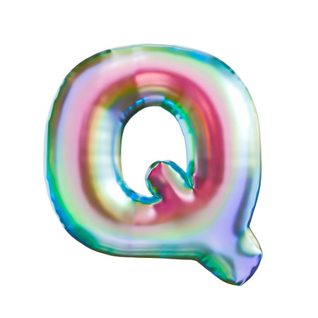 Tricolor gradient holographic metal font Letter Q 3D rendering illustration isolated on white backgroundの写真素材