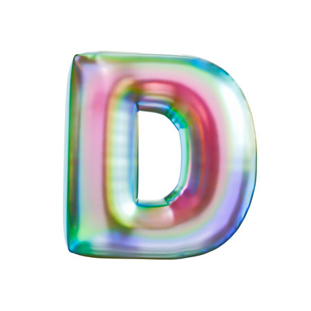 Tricolor gradient holographic metal font Letter D 3D rendering illustration isolated on white backgroundの写真素材