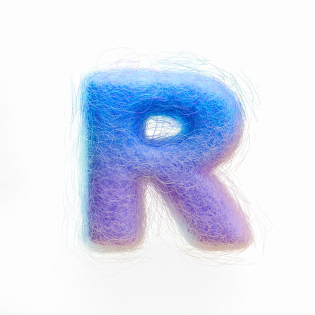 Wool felt font Letter R 3D rendering illustration isolated on white backgroundの写真素材