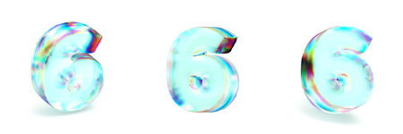 Crystal glass Font Set of number 6 SIX 3D rendering illustration isolated on white background