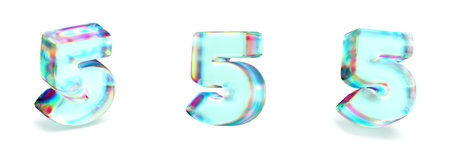 Crystal glass Font Set of number 5 FIVE 3D rendering illustration isolated on white background