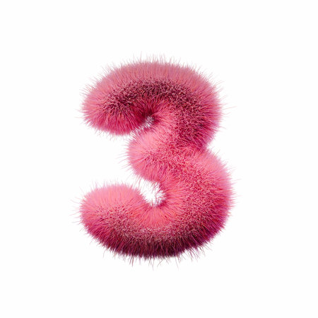 Pink fur Font Number 3 THREE 3D rendering illustration isolated on white backgroundの写真素材