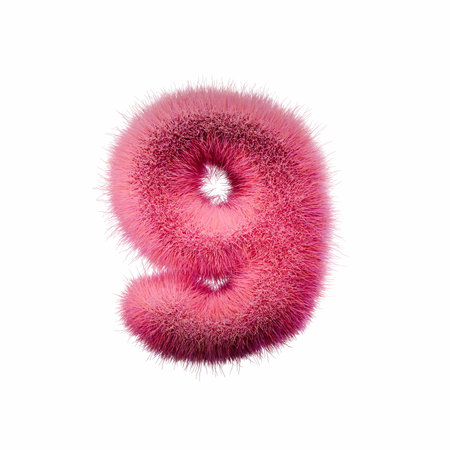 Pink fur Font Number 9 3D rendering illustration isolated on white backgroundの写真素材
