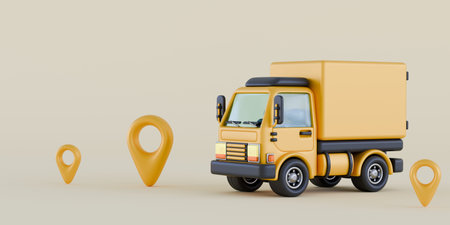 Transportation delivery by truck and locations pins 3D rendering illustration on beige backgroundの写真素材