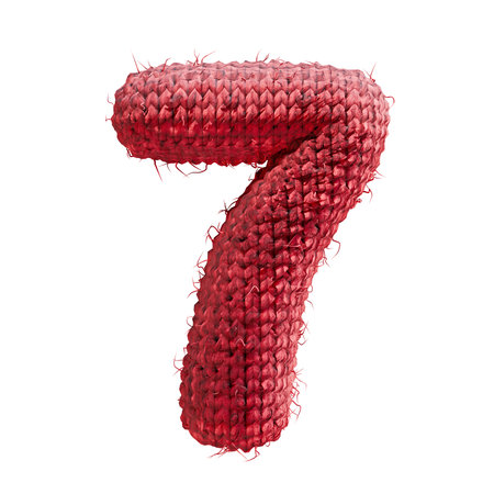 Red wool knitted font Number 7 SEVEN 3D rendering illustration isolated on white backgroundの写真素材