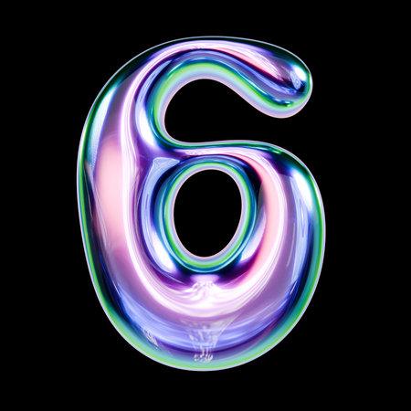 Liquid metal font Number 6 SIX 3D rendering illustration isolated on black backgroundの写真素材