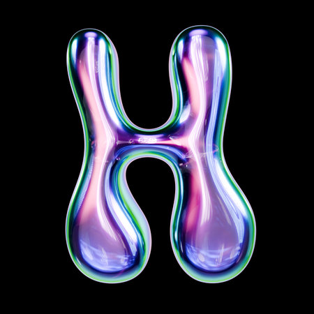 Liquid metal font Letter H 3D rendering illustration isolated on black backgroundの写真素材