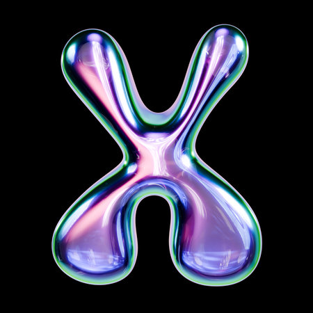 Liquid metal font Letter X 3D rendering illustration isolated on black backgroundの写真素材