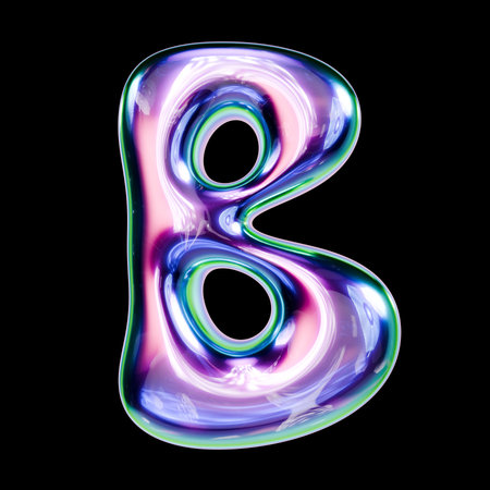 Liquid metal font Letter B 3D rendering illustration isolated on black backgroundの写真素材
