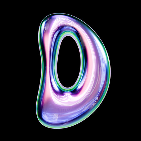 Liquid metal font Letter D 3D rendering illustration isolated on black backgroundの写真素材