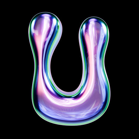 Liquid metal font Letter U 3D rendering illustration isolated on black backgroundの写真素材
