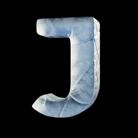 Ice block font Letter J 3D illustration isolated on black backgroundの写真素材