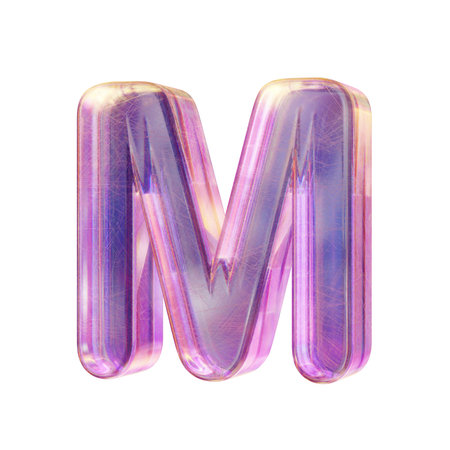 Purple pink iridescent glass font Letter M 3D rendering illustration isolated on white backgroundの写真素材