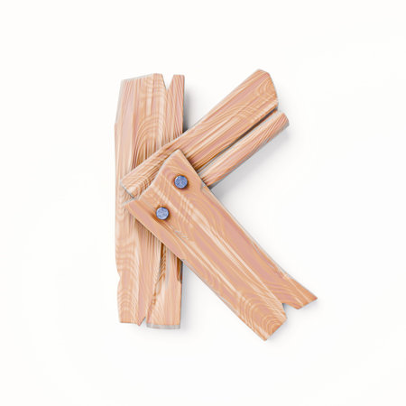 Wooden planks Font Letter K 3D rendering illustration isolated on white backgroundの写真素材
