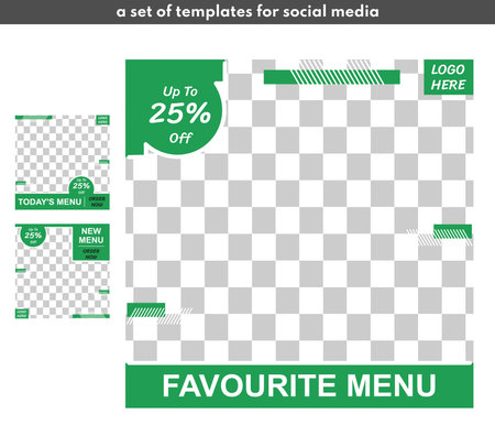 3 templates for food in a set in green and 3 models with different titles.のイラスト素材