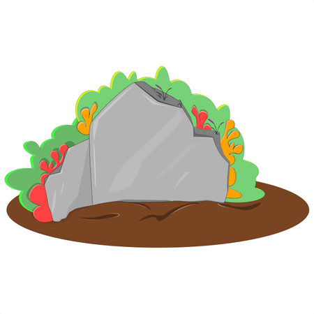 A vector showing a large and quite old gray stone embedded in the ground and located behind a bushのイラスト素材
