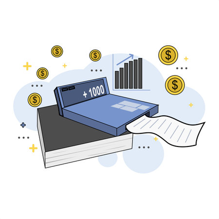 An illustration illustrating calculating business profit increase with a calculator above financial notebookのイラスト素材