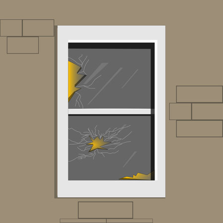 A building with a view from the side showing one of the broken glass due to an incident and visible light from inside the roomのイラスト素材