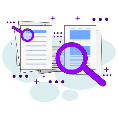 A flat illustration depicting searching and checking important documents needed. Illustration suitable for business and office workersのイラスト素材