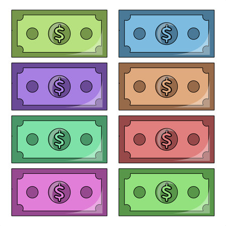 Vector dollar bills that have a variety of colors available in one image frameのイラスト素材