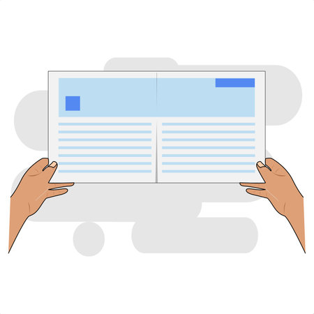 Opening paper to read. Illustration of two human hands opening a sheet of paper containing news and articlesのイラスト素材