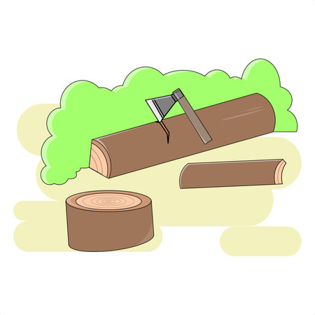 Vector showing a tree that has been felled and the body of the tree is being cleaved to process it into planksのイラスト素材