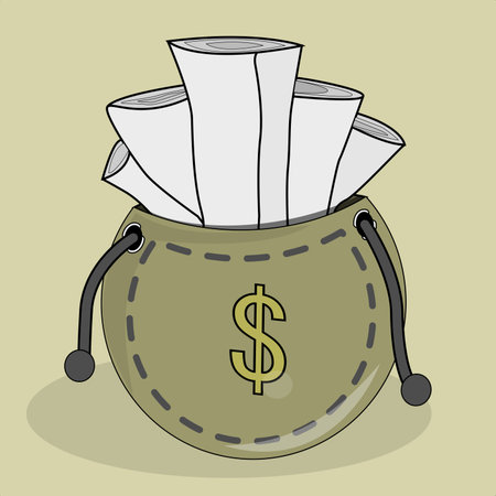A large bag vector filled with many sheets of documents for a big project and the project will earn a lot of moneyのイラスト素材