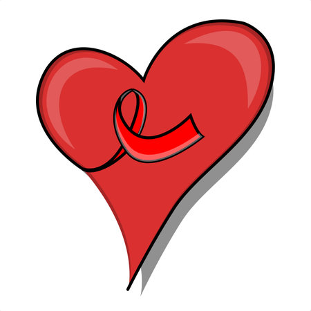 doodle style vector on the theme of happy aids world_Vector with a red love shape whose curved stroke forms a red ribbon inside a loveのイラスト素材