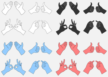 4 Vector gestures of hands wearing synthetic gloves of various shapes and four colorsのイラスト素材