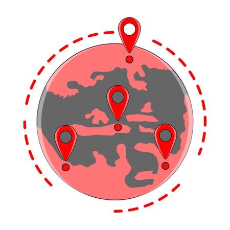 Earth design filled multiple travel destination focal points in red color vector conceptのイラスト素材