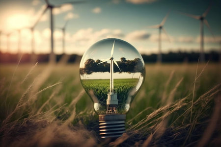 Green energy concept. Electric lightbulb and wind turbines in wheat field. Ai generativeの素材