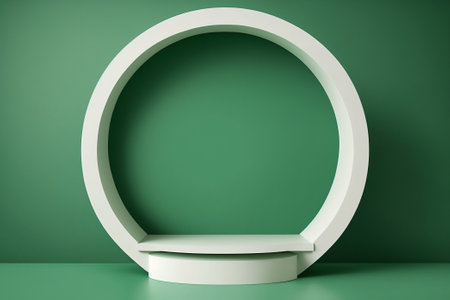 Contemporary white circle podium pedestal shelf for product display on green background. Ai generativeの素材