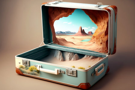 An open suitcase with view of Grand Canyon. Travel concept. Ai generativeの素材
