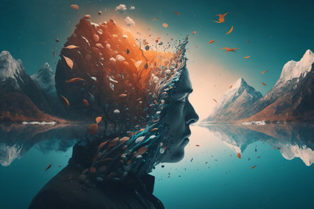 Autumn mood in thoughts. Meditative state of mind concept. Multiple exposure. Ai generative.の素材