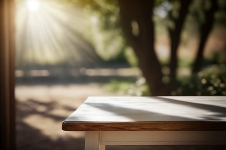 Empty wooden table for product display with blurred sunny garden background. Ai generativeの素材