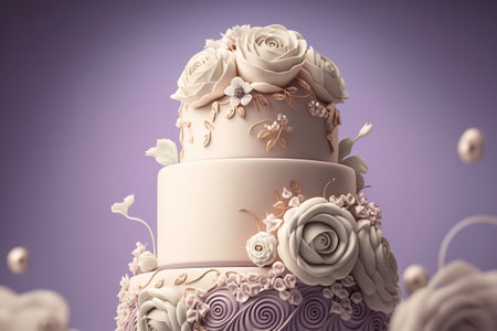 Birthday cake cream flowers decorations on lilac background. Ai generativeの素材
