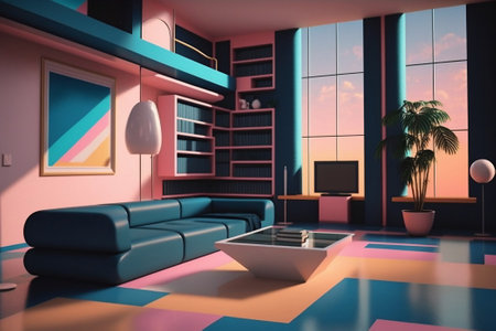 Postmodern 90's aesthetic living room colorful interior design. Ai generativeの素材