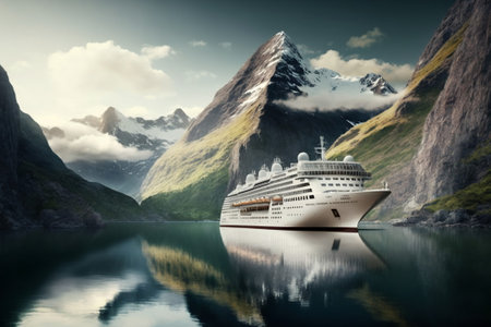 Cruise ship in bay with mountains. Journey to Norway fjords. Travel concept. Ai generativeの素材