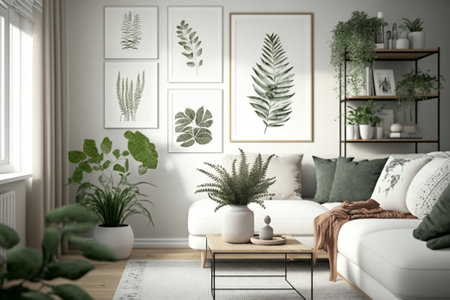 Contemporary scandinavian style interior. White furniture living room with green plants and natural posters. Ai generativeの素材