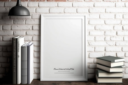 White thin vertical frame mock up near stacks of books. White brick wall background. Template mockup. Ai generativeの素材