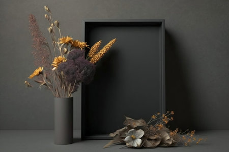 Black thin vertical frame beside concrete vase with dry flowers over gray wall. Mockup concept. Ai generativeの素材