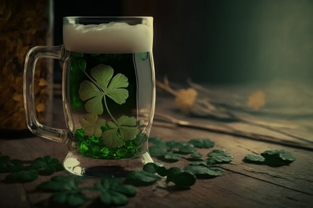 Glass beer mug of transparent beer on table in pub background. St. Patrick's day concept. Ai generativeの素材