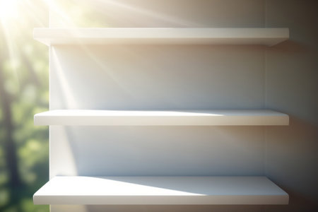 Empty white wooden shelves for product presentation in garden. Ai generativeの素材