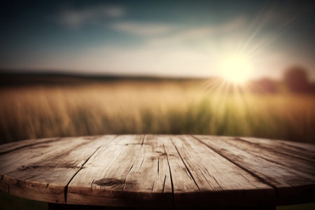 Empty wooden round table for product display with blurred sunny field background. Ai generativeの素材