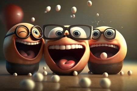 Group of smiling cartoon characters in glasses. Concept of greeting card. Ai generativeの素材