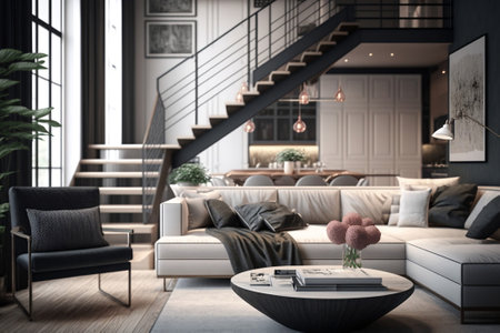 Light modern living room interior design with big window and wooden stairs. AI generativeの素材