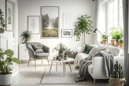 Contemporary scandinavian style interior with white furniture. Living room with green plants and natural posters. Ai generativeの素材