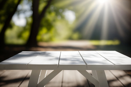 Empty white wooden table for product display with blurred sunny garden background. Ai generativeの素材