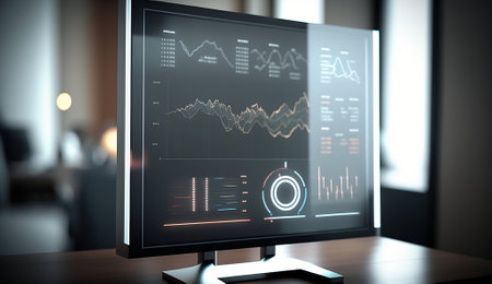 Modern personal computer screen displaying financial graphs and charts. Concept of business management. Ai generativeの素材