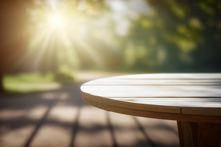 Empty wooden round table for product display with blurred sunny garden background. Ai generativeの素材